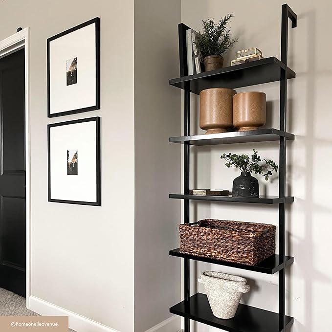 Nathan James Theo 5-Shelf Black Modern Bookcase, Open Wall Mount Ladder Bookshelf with Industrial Metal Frame