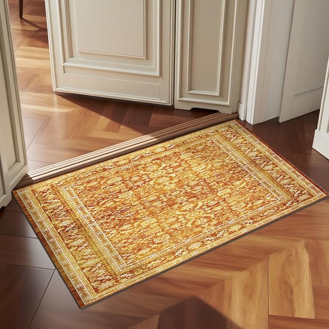OPPODREAM Vintage Orange 2x3 Washable Rug, 2 x 3 Retro Door Mat Indoor Entrance Non Slip, Low-Pile Faux Wool Throw Carpet, Distressed Floor Mat for Kitchen, Hallway, Entry-Way, Back Door