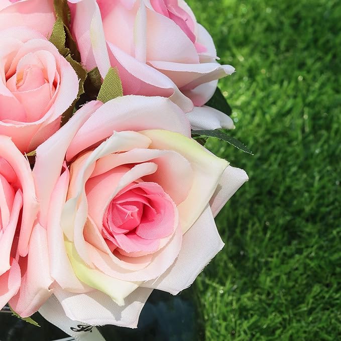 XIAYAN Artificial Flower and Glass vase, Silk Rose Flower Glass Bottle Set, Suitable for Living Room, Dining Table, Office, Wedding, Hotel Banquet and Other Home Decoration. (Pink)………