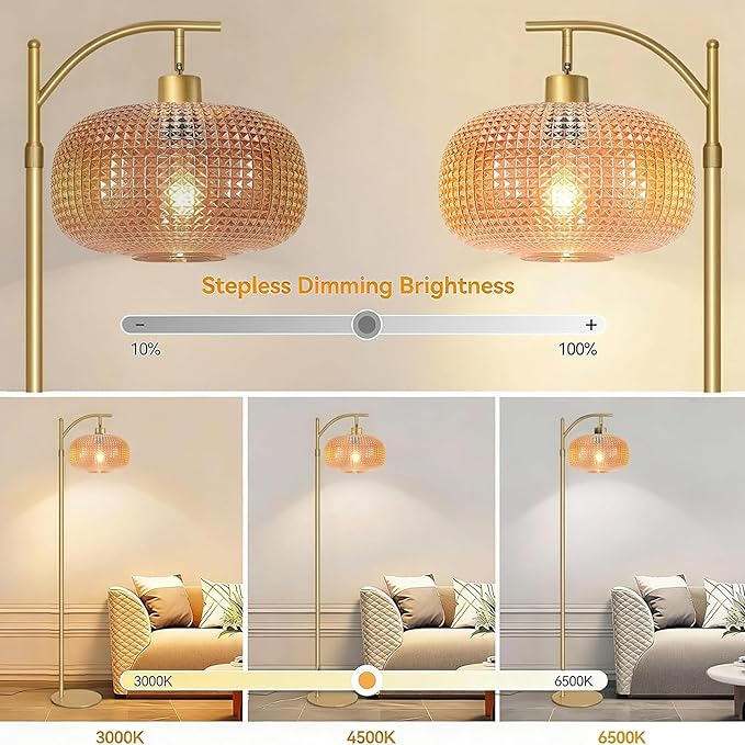 Glass Floor Lamp for Living Room, Modern Standing Lamp for Bedroom, Dimmable Tall Lamp with Shade, Remote,12W LED Bulb Included (Gold+Amber)