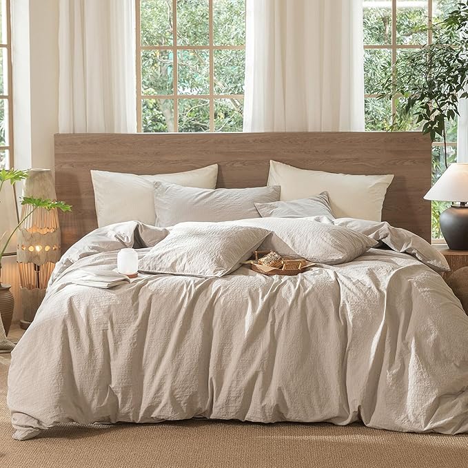 MooMee Wavy Striped Duvet Cover Set 100% Washed Cotton Linen Like Textured Breathable Durable Soft Comfy (Beige, Alaska King 132"x120")