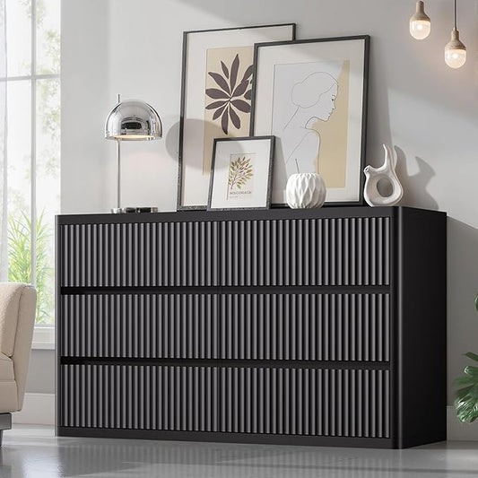 Black Dresser for Bedroom with 6 Double Drawers, 48" Wide Wooden Chest of Drawers with Curved Profile, Modern Fluted Dresser TV Stand, Wood Closet Clothes Storage Organizer for Living Room