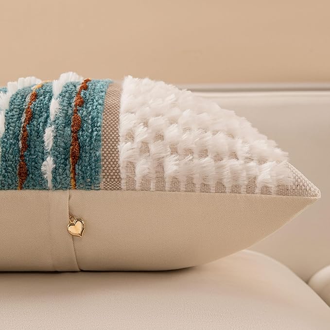 KOOLIFE Boho Chenille Tufted Couch Throw Pillow Covers 18x18 Inch Set of 2 Farmhouse Striped Decorative Pillow Covers Accent Neutral Pillowcase Teal Cushion Cover for Living Room Sofa Bed