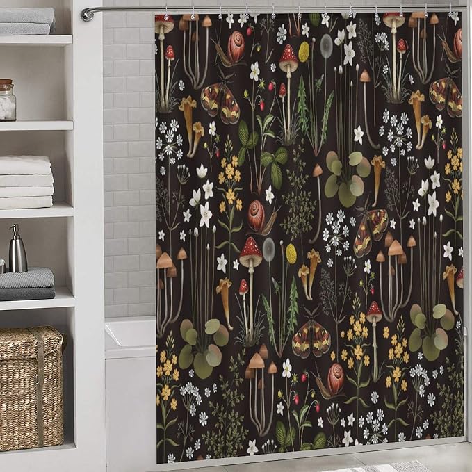 Mushroom Shower Curtain, Retro Wild Floral Botanical Mushroom Floral Moth Cottagecore Nature Plants Leave Herbs Black Farmhouse Waterproof Fabric Bathroom Shower Curtain Set with Hooks, 72"x72" Inch