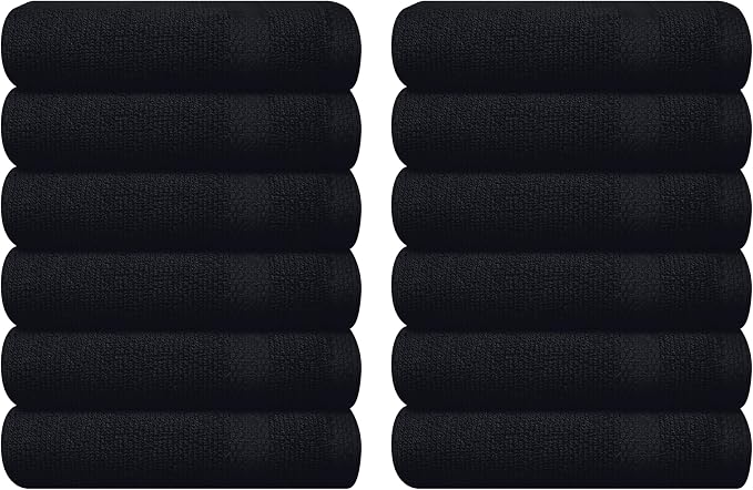 GLAMBURG Ultra Soft 12-Piece Washcloths Set 13x13-100% Ringspun Cotton - Durable & Highly Absorbent Face Towels - Ideal for use in Bathroom, Kitchen, Gym, Spa & General Cleaning - Black