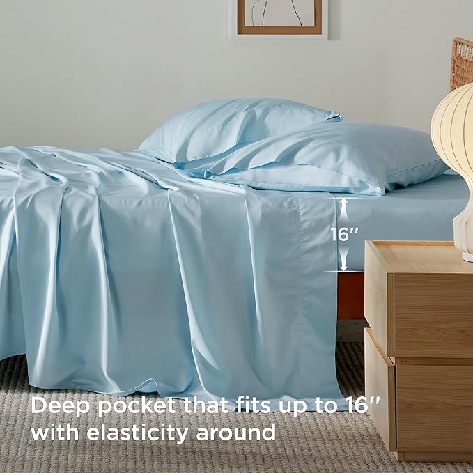 Bedsure California King Sheet Sets, Cooling Sheets, Rayon Derived from Bamboo, Breathable & Soft, Deep Pocket Up to 16 Inches, Hotel Luxury Silky Bedding for Hot Sleepers, Aqua