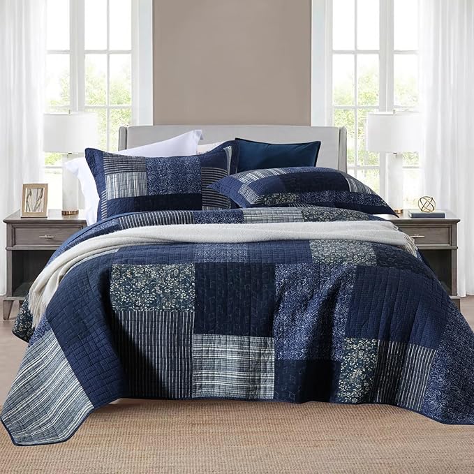 Yvooxny Quilts Queen Size Reversible Lightweight Bedspread 3-Piece Quilt Set Plaid Floral Patchwork 100% Cotton Queen Quilt Set Bedding Set with Pillow Shams for All Seasons, Azure Blue, 90x98''