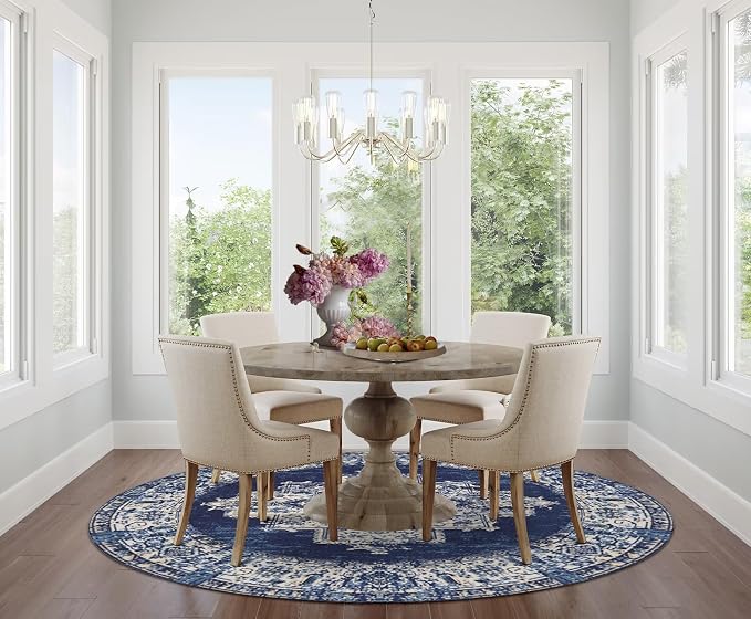 vivorug Round Rug 4ft Vintage Round Area Rug Non-Slip Indoor Carpet for Living Room Bedroom Entryway, Stain Resistant Home Decor Circle Rug, Navy Blue