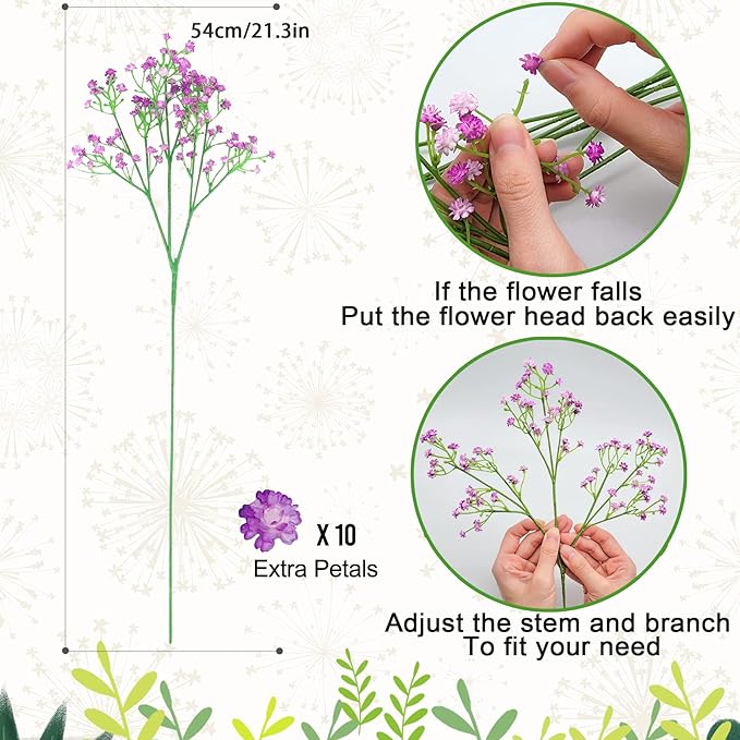 JIFTOK Babys Breath Artificial Flowers, 24 Pc Fake Flowers Gypsophila Bouquet Fall Flowers Artificial for Decoration, Real Touch Silk Flower for Wedding Christmas DIY Party Home Garden Office (Purple)