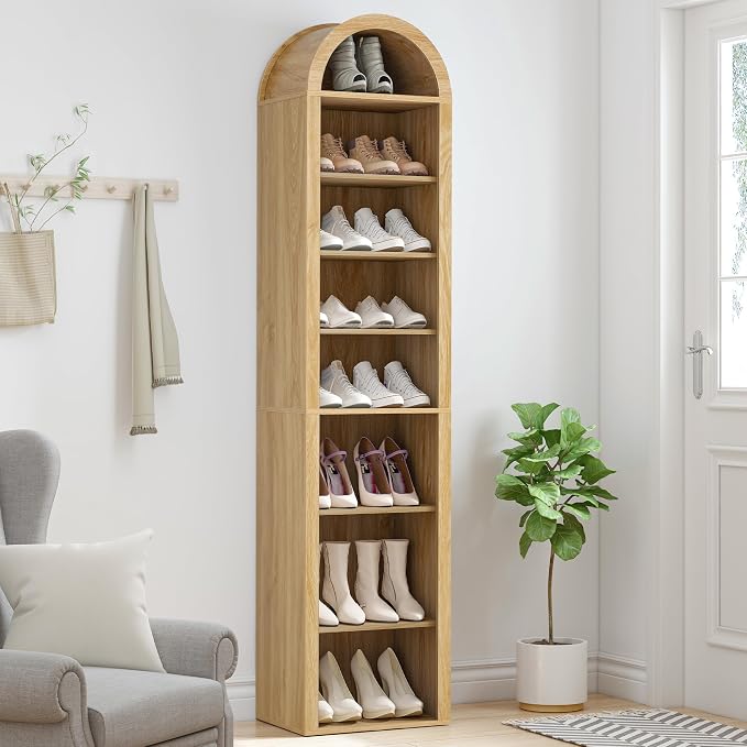 Tall Narrow Arched Bookshelf, 8-Tier Skinny Arch Bookcase for Small Space, Freestanding Storage Organizer with Adjustable Shelves, Open Display Shelves for Living Room, Entryway (Natural)
