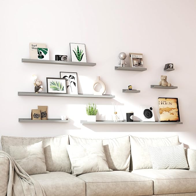 Small Floating Shelves for Wall Decor, Wall Mounted Wood Shelf for Bedroom, Living Room, Bathroom, Kitchen, Nursery, Mini Display Ledge Shelf with Lip Set of 2-4 Inches, Grey