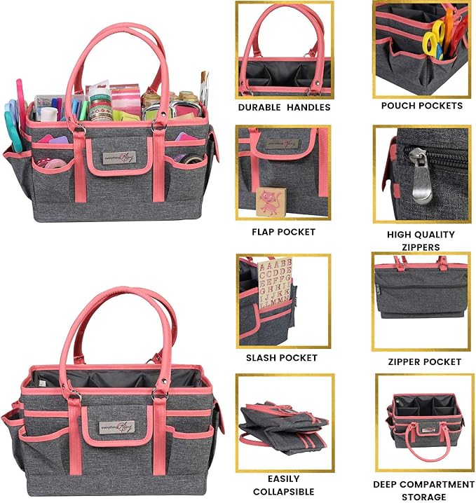 Everything Mary Deluxe Store & Tote Organizer – Heather & Pink Craft Tote with Handle – Stylish Storage for Scrapbooking, Sewing, Art Supplies & DIY Creative Projects