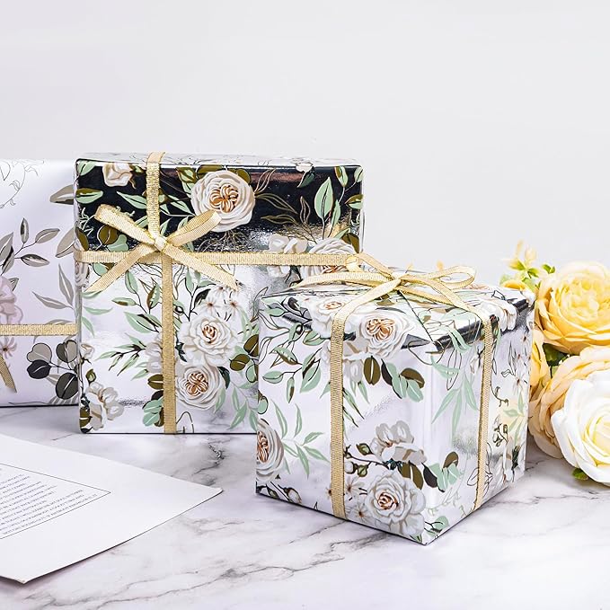 Altarho Wedding Wrapping Paper Roll - 17 Inch x 33 Feet - Silver White Floral with Metallic Foil Design Perfect for Mothers Day Wedding Bridal Shower Spring Birthday Summer
