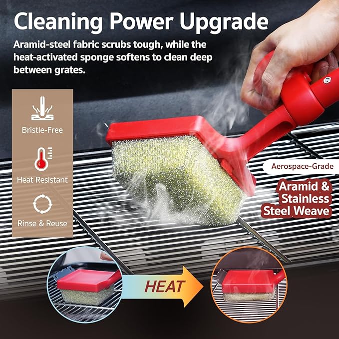 GASPRO Steam Grill Brush Bristle Free for Outdoor Grill, BBQ Cleaning Brush Set with 2 Replacement Heads, Heat-Activated Sponge & Scraper, Ergonomic Handle, Safe for Most Grates, Red