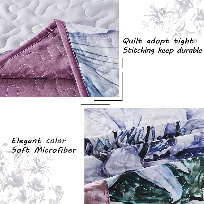 Yogeneg Full Queen Size Quilt Set,Elegant Floral Botanical Pattern Purple Bedding Set,3 Piece Lightweight Soft Summer Bedspread Coverlet with 2 PIillow Sham for All Season(Purple Floral,90"x96")