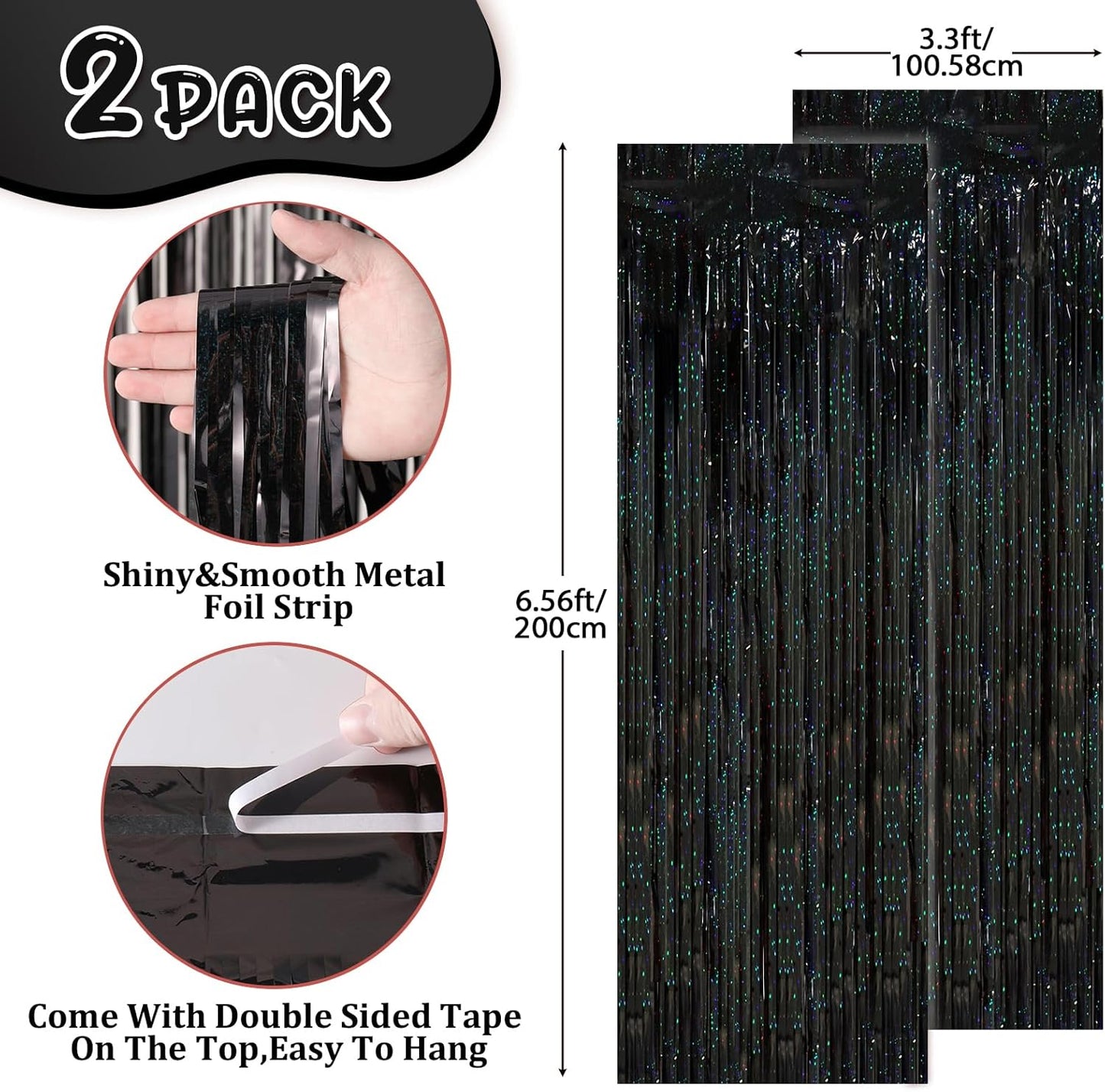 Voircoloria 2 Pack Black Tinsel Foil Fringe Curtains - Metallic Party Backdrop for Birthdays & Events