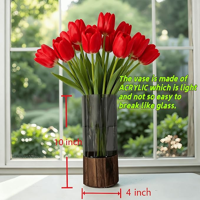 Shatterproof Acrylic Flower Vase with Wood Base–10”H*3.9''W Modern Table Centerpiece for Home Office Decor, Holds Fresh/Dried Stems, Lightweight&Stable, Present for Housewarming Christmas (Cylinder)