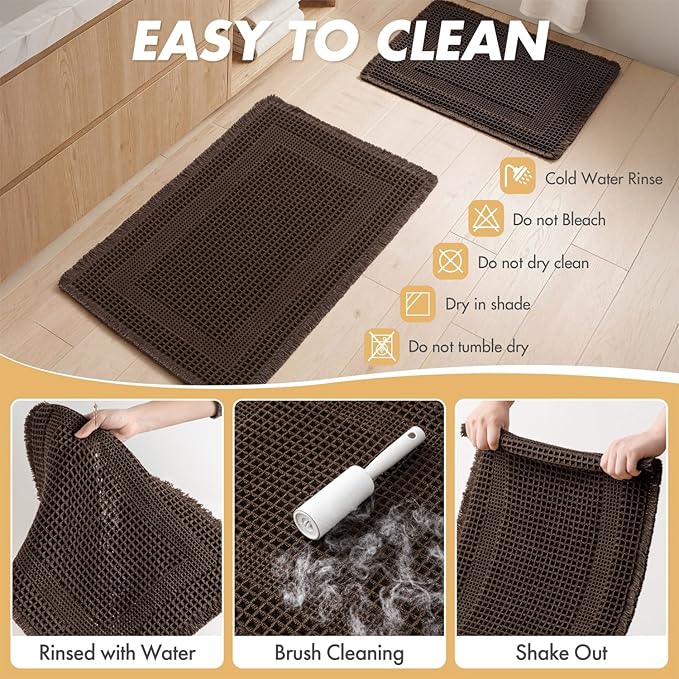 MIULEE Set of 2 Waffle Bathroom Rugs, Boho Bath Rug Super Absorbent, Non Slip Washable Ultra Soft Rubber Backed Shower Bath Mats for Floor, Tub, Shower, Looped Design, Chocolate, 17x24 Inch