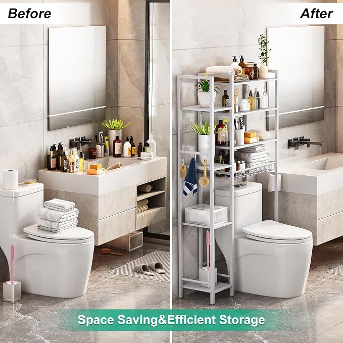 Kalrin 8-Tier Over The Toilet Storage with Side Rack, Over Toilet Storage Rack with Adjustable Shelf & Drain Basket, Freestanding Bathroom Organizer for Balcony, Laundry (Pure White)