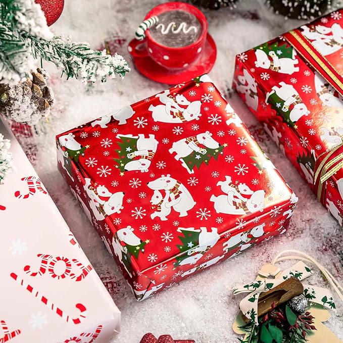 MAYPLUSS Christmas Wrapping Paper Roll - 17IN X 33FT - Red Gift Wrapping Paper Featuring white Polar Bear Christmas Tree Against Red Reversible Candy Cane for Kids, Holiday, New Year