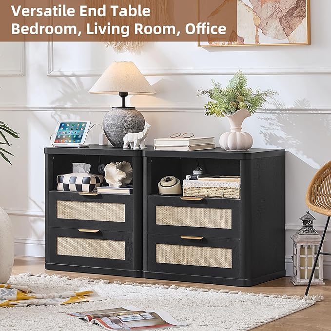 LEYAOYAO Rattan Nightstands with Charger Station, 23" Wide Boho Night Stand with 2 Drawers, Black Bedside Table Open Shlef, Bed Side End Table Dresser for Bedroom, Living Room Hallway