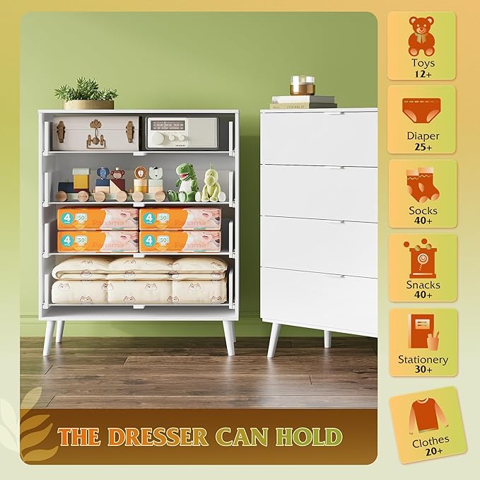 WLIVE 4 Drawer Dresser for Bedroom, Wooden White Tall Dresser, Modern Dressers with Sturdy Metal Handle, Small Chest of Drawers for Living Room, Hallway