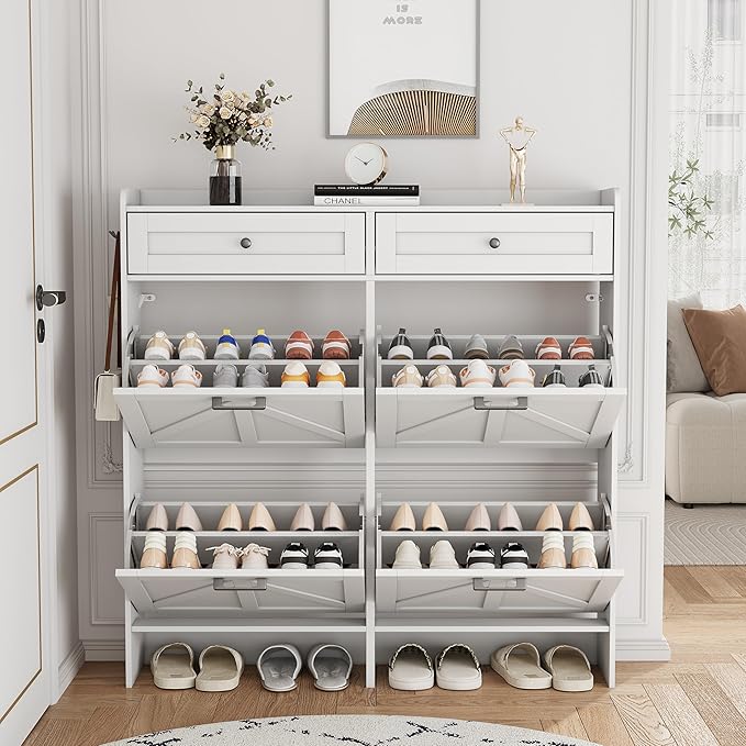 Shoe Cabinet with 4 Flip Drawers & 2 Top Drawers, 43" Tall Freestanding Shoe Storage Organizer for Entryway, Wooden Narrow Hidden Slim Shoe Rack for Front Door Entrance, Hallway, Living Room, White