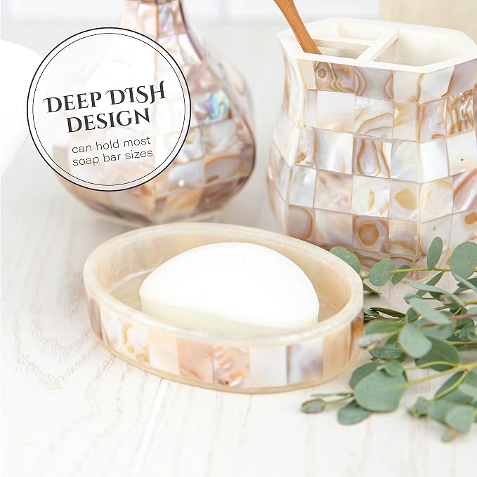 Milano Bathroom Accessories Set - 4 Piece Bathroom Accessory Set with Natural Mother of Pearl Shells - Decorative Bathroom Set Includes: Soap Dispenser, Toothbrush Holder, Tumbler and Soap Dish