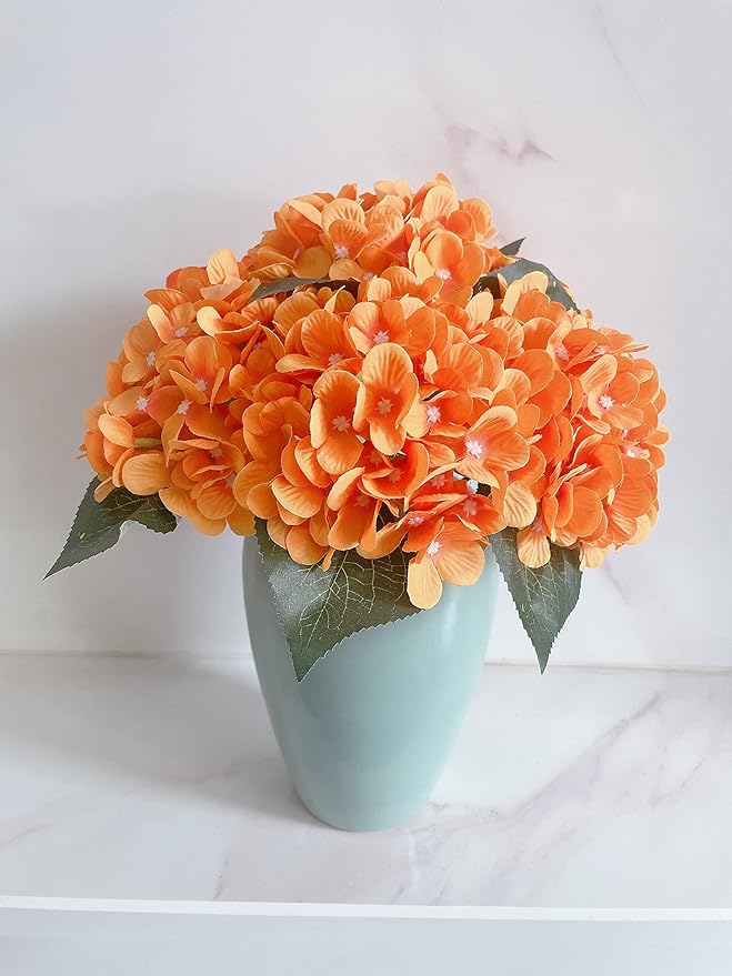 Silk Hydrangea Heads with Stems Artificial Flowers Heads for Home Wedding Decor,Pack of 10 (Orange)