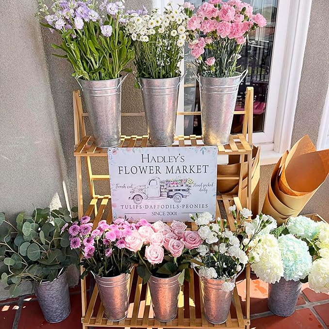 3 Packs 12 Inch Tall Galvanized Metal Flower Vases with Handles, Metal Flower Buckets for Cut Flowers, Country Wedding, Table Centerpiece Decorations(Sliver)