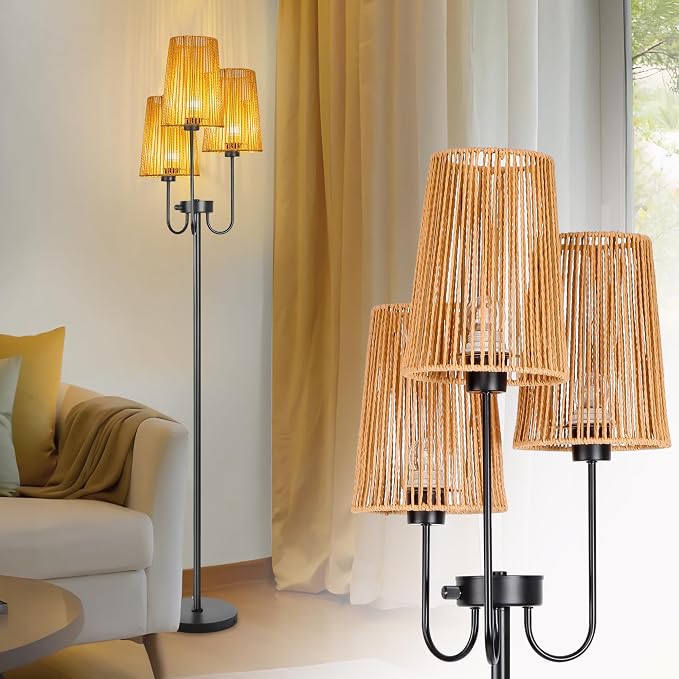 3 Lights Boho Floor Lamp for Living Room, Farmhouse Standing Lamp with Rattan Shades and Bulbs, Adjustable Color Temperature, 65" Rustic Tree Tall Lamps for Bedroom,Office, ON/Off Foot Switch