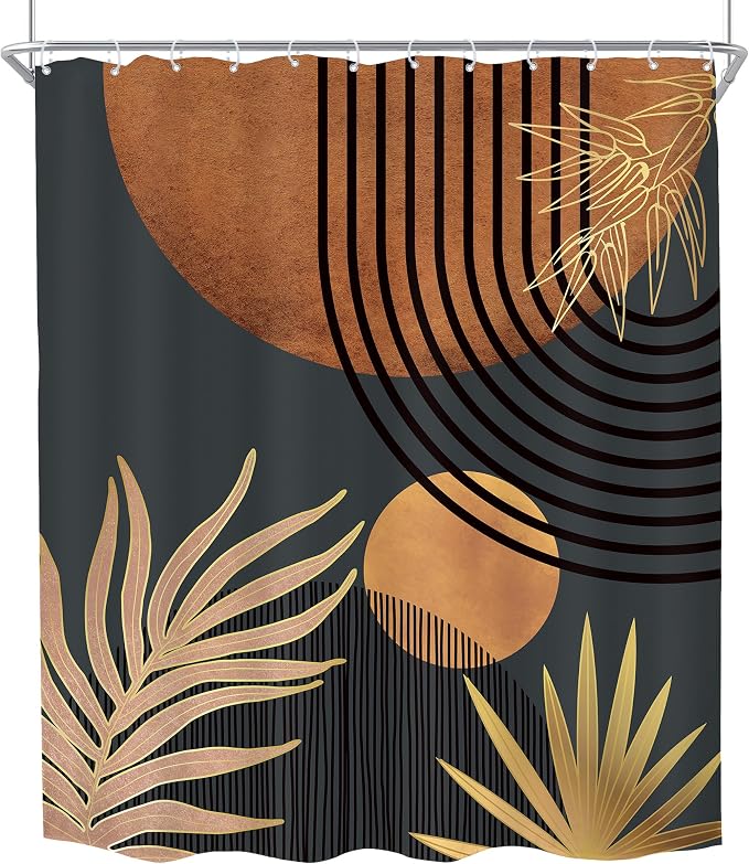 KOMLLEX Mid Century Brown Black Boho Shower Curtain 60Wx72L Inches Abstract Modern Shower Curtain for Bathroom Decor Plant Botanical Minimalist Arch Sun Fabric Liner Waterproof Polyester 12 Pack Hooks