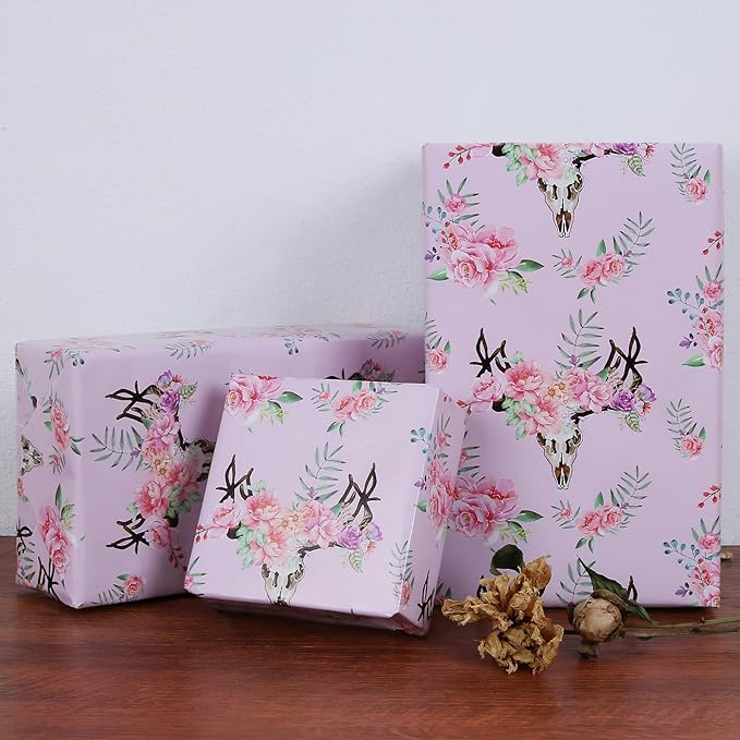Aimyoo Pink Floral Wrapping Paper Roll 17 in x 10 ft, All Accasion Flower Gift Wrap for Wedding Birthday Bridal Shower