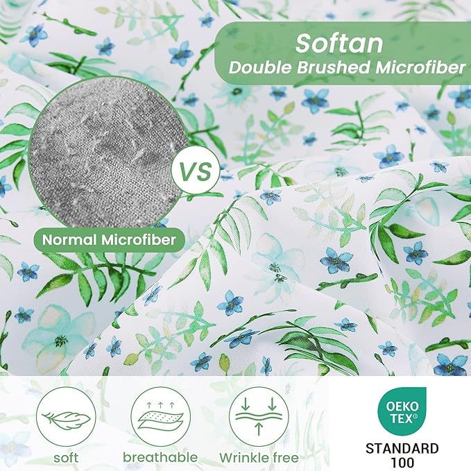 Softan Green Floral Twin Sheet Set, 3-Piece Cozy Botanical Microfiber Printed Fitted Bed Sheet with 15" Deep Pockets & Non-Slip Straps, Fresh Greenery Blooms Patterned Sheets & Pillowcase Set