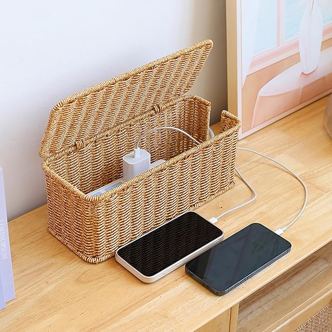 Cable Management Box, Handmade Woven Cable Organizer Cords Hider with Locked Cover Desk Cord Organizer Management for TV, Computer, Router, USB Hub to Hide Cords & Power Strip.