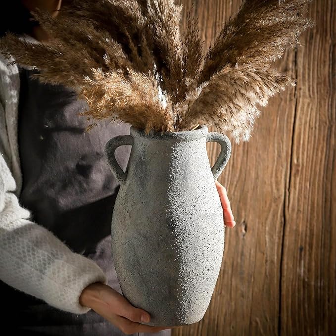 Ceramic Rustic Vase with Handle,11.3 inch Vintage Vase for Home Decor - Tall Farmhouse Flower Vase with 2 Handles, Living Room Entryway Table Centerpiece Decor