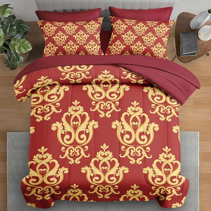 Comforter Set Twin Size, Vintage Floral Gold 5 Pcs Bedding for Kids and Adults, Medieval Burgundy Red Bed Sheet Sets with Fitted Sheet Pillowcase & Sham for Bedroom Bed Decor