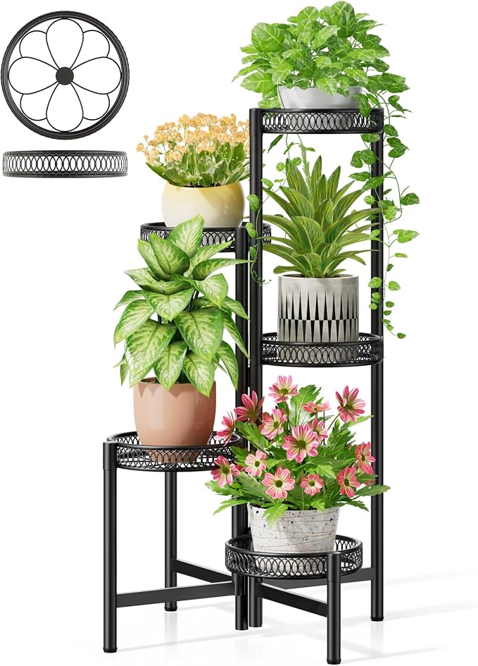 Plant Stand Indoor Outdoor, 5 Tier Corner Metal Flower Display Holder Stand, Folding Tall Plant Rack for Patio Balcony Porch Garden Living Room House, Heavy Duty Wrought Iron Plant Shelf - BlackFlower