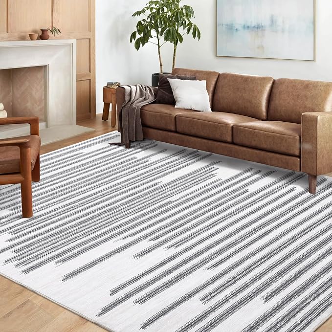 Washable 10x13 Modern Abstract Area Rug for Living Room Low Pile Soft Bedroom Rugs Non Slip Abstract Lines Large Carpet Thin Foldable Modern Indoor Carpet for Playroom Open Living Room, Beige Grey