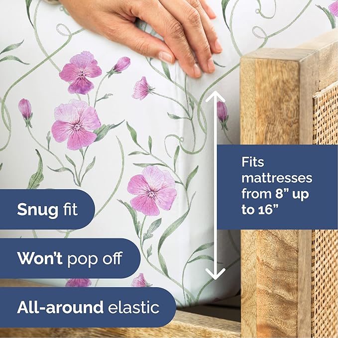 Floral Sheets - Pink Floral Bed Sheet Set - 1 Flat, 1 Fitted & 1 Pillowcase w/ Deep Pockets - Comfy, Wrinkle & Fade Free - Boho Botanical Bedding - Ultra-Soft, Breathable and Cooling - Twin Size Set