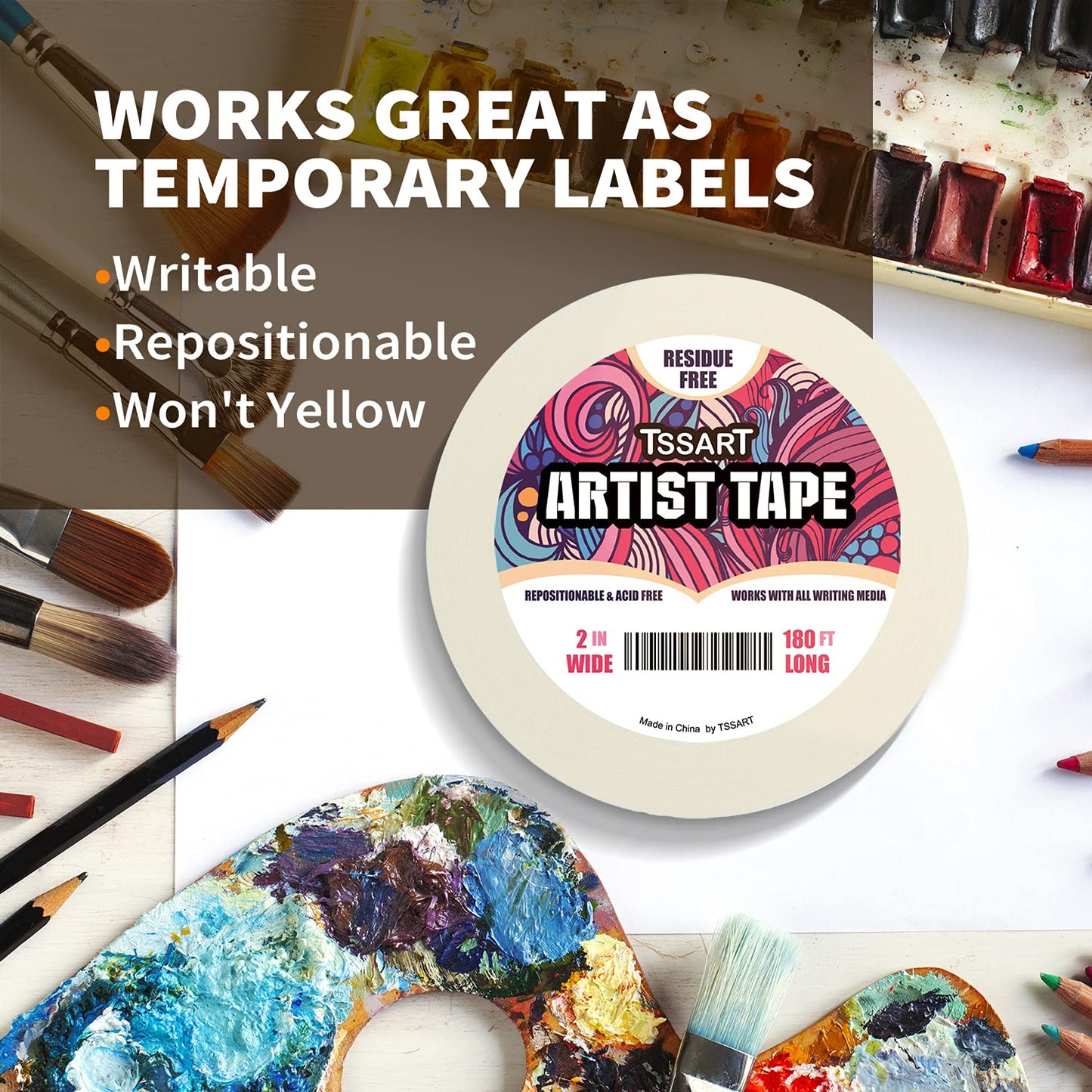 Skiennix White Artist Tape - Acid-Free Masking Tape for Watercolor Painting - 2 Inch Wide, 180FT Long