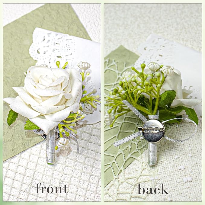 2pcs White Rose Corsage and Boutonniere Set Pearl Wristband Bracelet Artificial Corsage Brooch,Wedding Bouquet for Bride and Groom for Wedding Prom Party Corsage Wristband Flower Accessories Decor