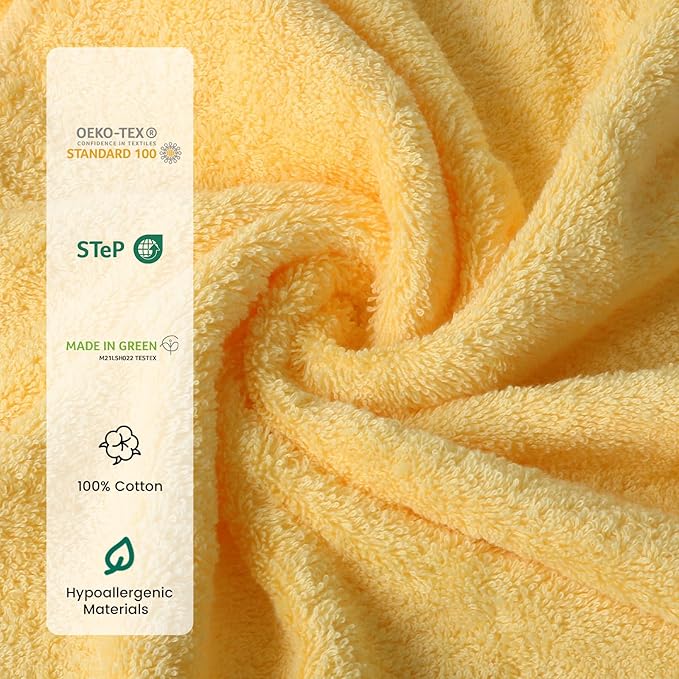 SEMAXE Bath Towel Set, 12 Piece Cotton Towel Set for Bathroom, More Towels for Family Use, Quick Dry with Hanging Loops, Easy Care, Yellow