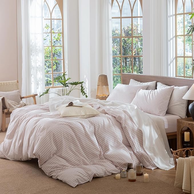 MooMee Striped Duvet Cover Set 100% Washed Cotton Linen Like Textured Breathable Durable Soft Comfy (Heathered Greyish Pink Classic Stripes, King 104"x90")