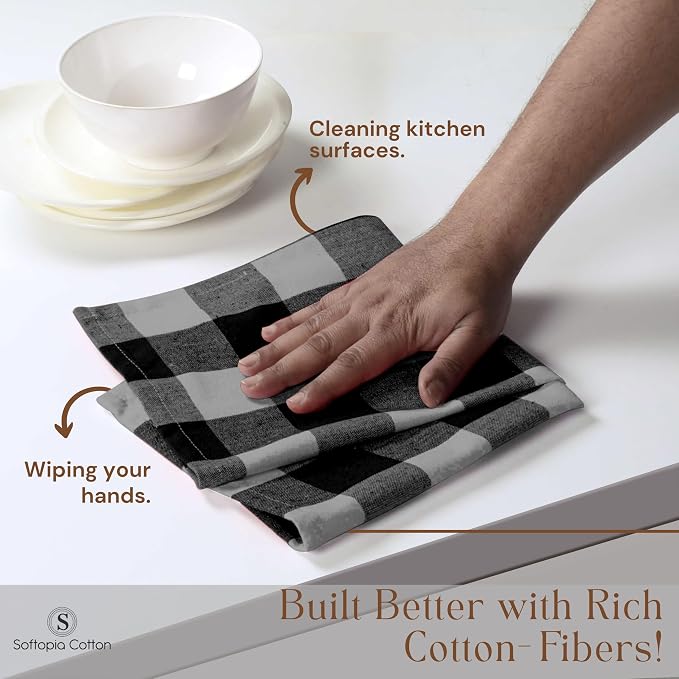 4 Pack Light Grey and Black Buffalo Check Kitchen Towels, 16"x26", Plaid Dish Towels, Absorbent Cotton Cloths for Drying Hands, Cleaning Spills, Farmhouse Kitchen Décor, Holiday
