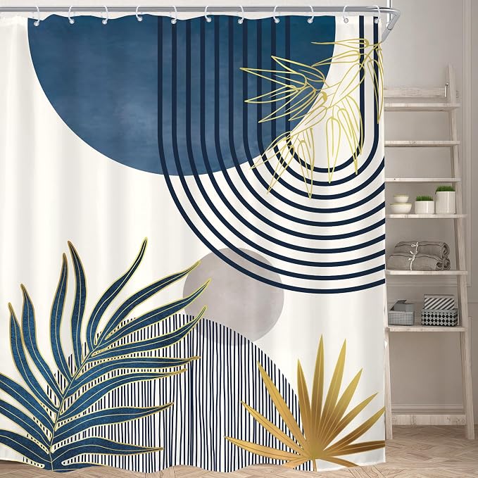 KOMLLEX Mid Century Boho Shower Curtain for Bathroom Decor 72Wx84H Inches Extra Long Navy Blue Gray Abstract Modern Sun Minimalist Leaves Neutral Fabric Waterproof Polyester 12 Pack Hooks Pack Hooks