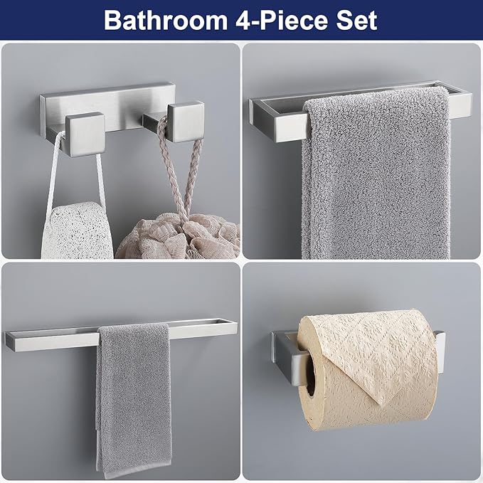 Brushed Nickel 4-Piece Bathroom Hardware Accessories Set, Bathroom Hardware Set including Towel Bar,Towel Holder, Toilet Paper Holder,Towel Hook, SUS304 Stainless Steel Bath Towel Bar Set Wall Mounted