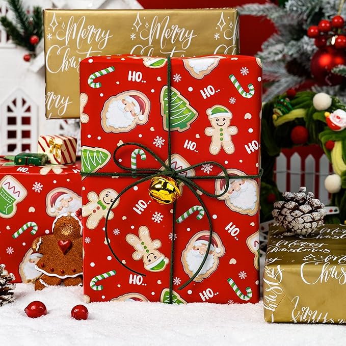 MAYPLUSS Red Christmas Wrapping Paper Roll - 17IN X 33FT - Santa Gift Wrapping Paper Featuring Santa Claus Gingerbread Christmas Tree HO Candy Cane Reversible Gold for Kids, Holiday, New Year