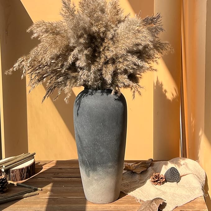 15 Inch Rustic Ceramic Vase, Black Flower Vase for Centerpieces, Farmhouse Decor for Living Room, Entryway & Kitchen, Vintage Pottery Vase for Wedding Gifts