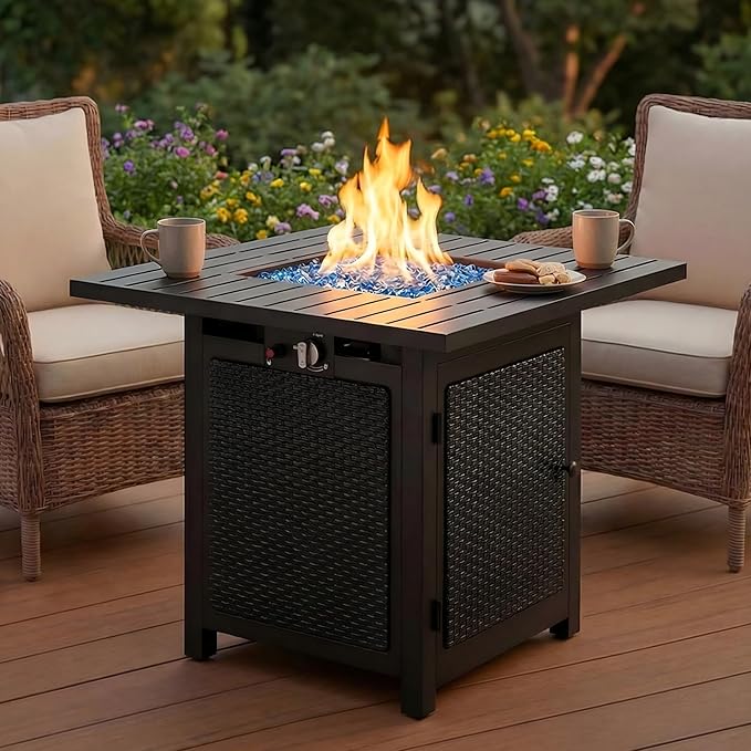 FansaFurn Black Propane Fire Pit Table, 50000 BTU Gas Fire Pits Table with Removable Lid and Lava Rock, Square Fire Table with Cover, 30'', Ideal for Dining or Party on Patio, Garden, Yard